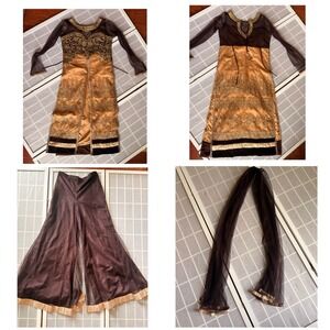Vintage Indian Lehenga Choli Gown‎ Set Gold Brown Embroidered Metallic Zari 3Pc